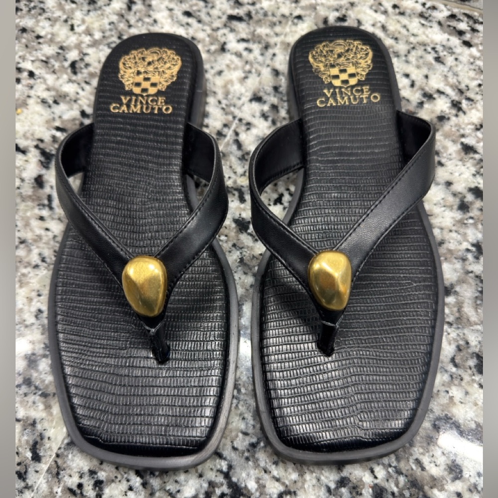 Vince Camuto black thong sandals.